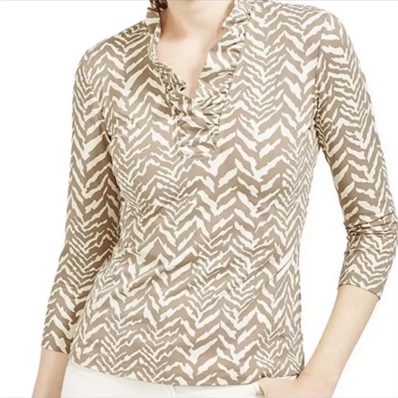 J. McLaughlin Durham Tan & Cream Zebra Print Ruffle Collar Top - XS - Picture 1 of 11
